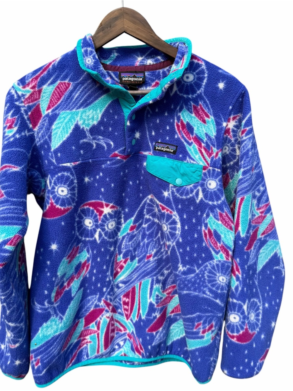 Patagonia Blue Multicolor Owl Print Teddy Fleece Pullover - Picture 5 of 10